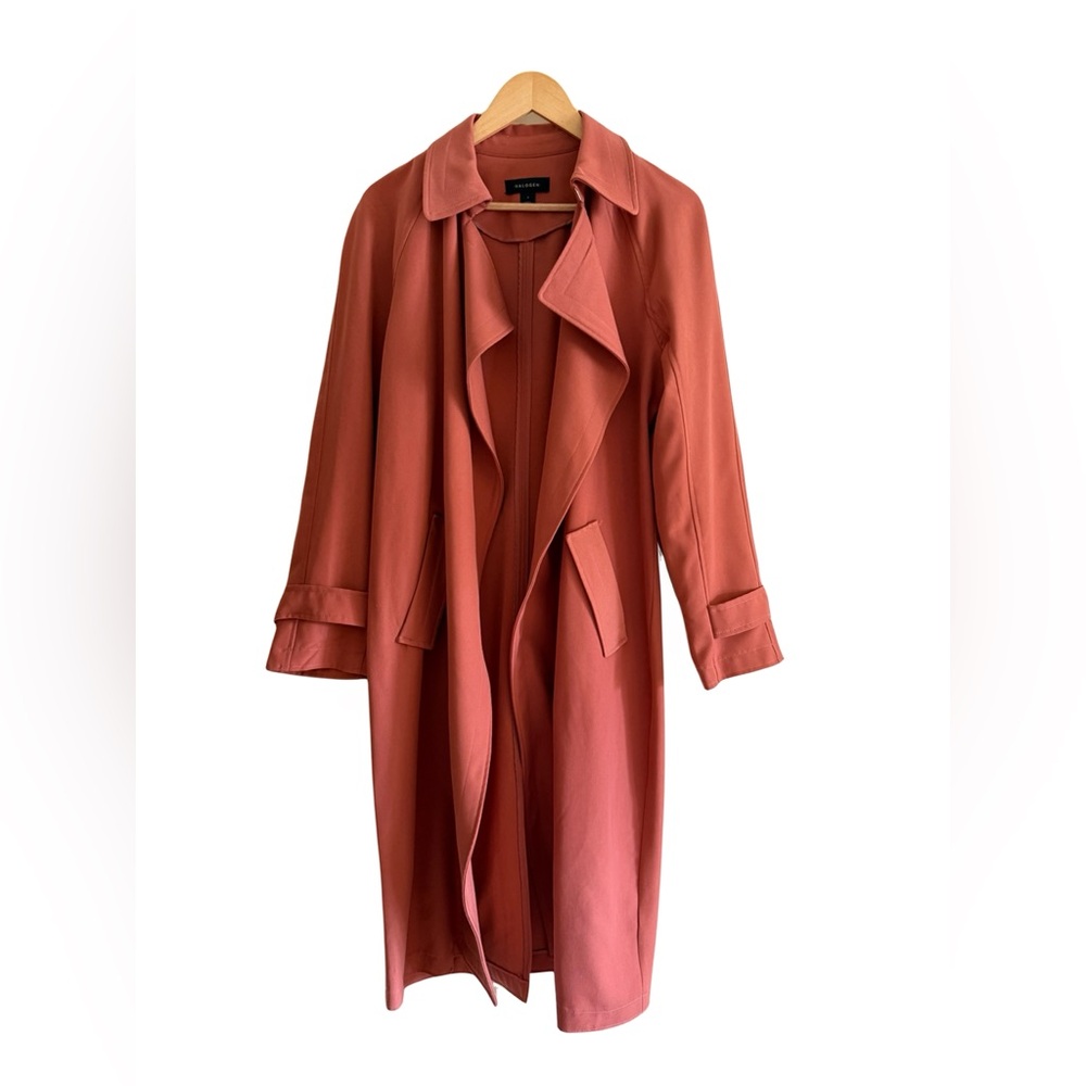 Halogen Terracotta Orange Trench Coat Jacket Minimalist Drape Front Minimalist